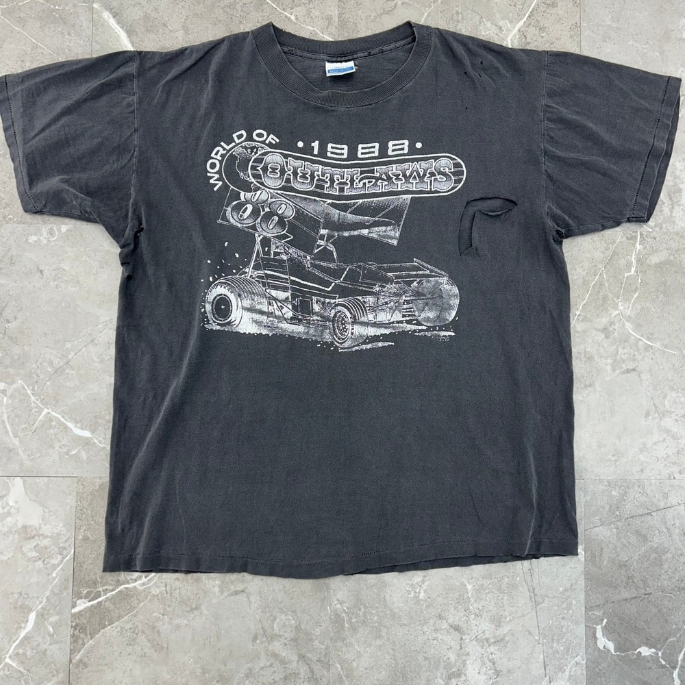80s Vintage World Of Outlaws Graphic Tee Mens XL Distressed Dirt Sprint Car